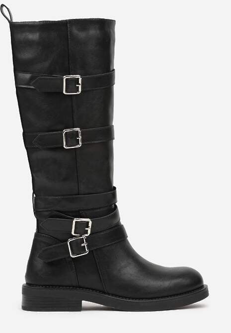 Czarne Kozaki Typu Bikery z Kwadratowymi Klamrami i Paskami Linadra 4