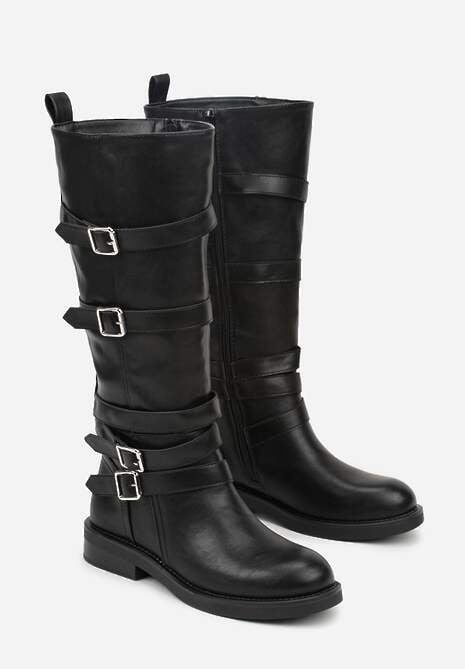 Czarne Kozaki Typu Bikery z Kwadratowymi Klamrami i Paskami Linadra 5