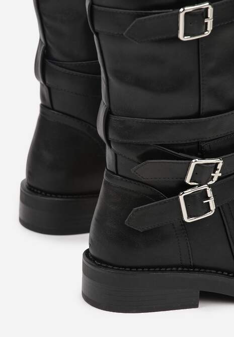 Czarne Kozaki Typu Bikery z Kwadratowymi Klamrami i Paskami Linadra 6