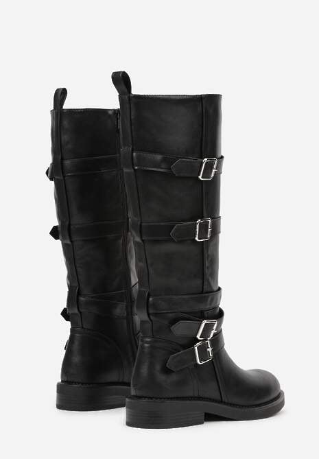 Czarne Kozaki Typu Bikery z Kwadratowymi Klamrami i Paskami Linadra 7