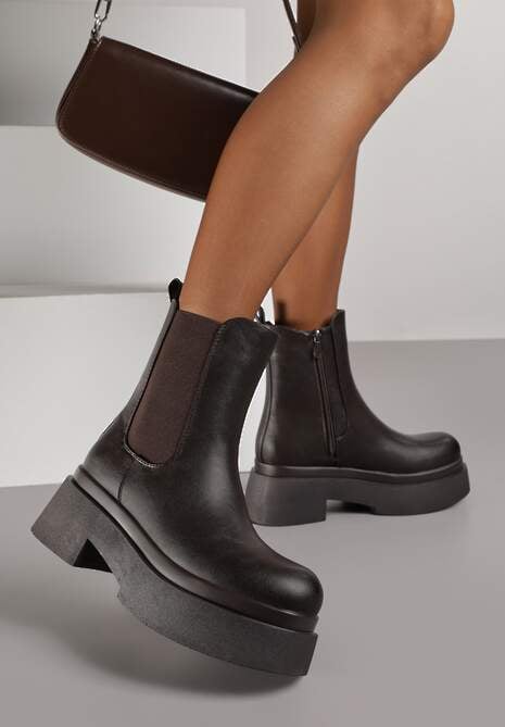 Brązowe Botki Sztyblety na Platformie Tevirka