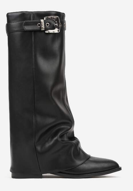 Czarne Kozaki ze Szpiczastym Noskiem i Wywiniętą Cholewką ze Sprzączką Tusenia 4