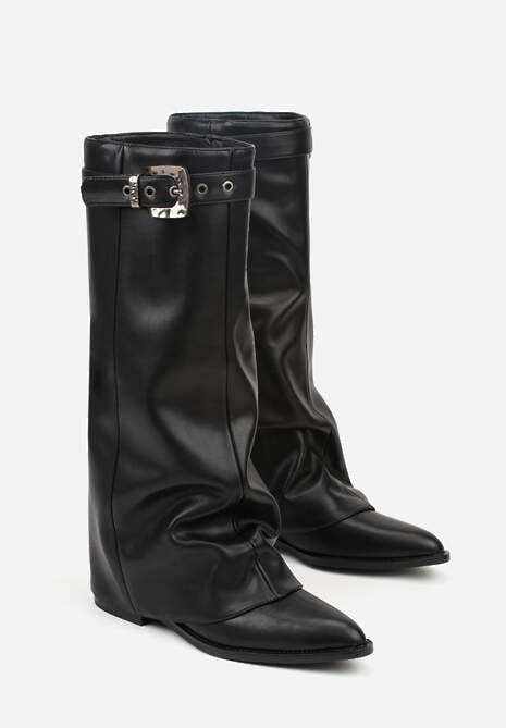 Czarne Kozaki ze Szpiczastym Noskiem i Wywiniętą Cholewką ze Sprzączką Tusenia 5