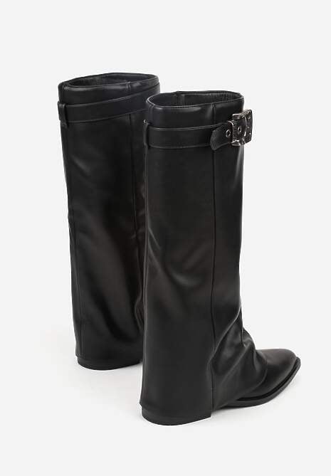 Czarne Kozaki ze Szpiczastym Noskiem i Wywiniętą Cholewką ze Sprzączką Tusenia 7