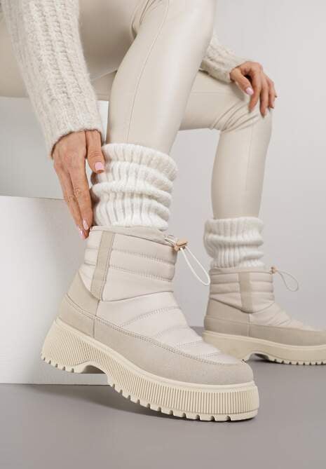 Beżowe Pikowane Śniegowce ze Ściągaczem Monivella