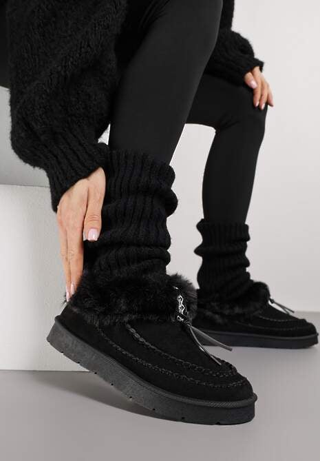 Czarne Śniegowce na Platformie Ozdobione Haftem i Futerkiem Linedis