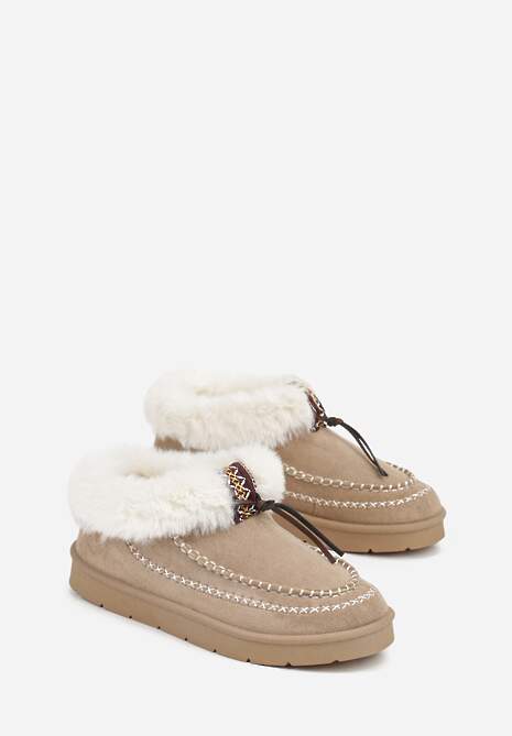 Ciemnobeżowe Śniegowce na Platformie Ozdobione Haftem i Futerkiem Linedis 5