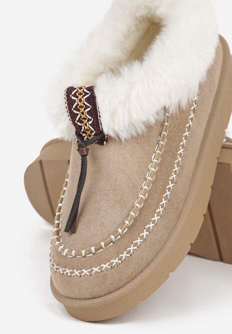 Ciemnobeżowe Śniegowce na Platformie Ozdobione Haftem i Futerkiem Linedis 6