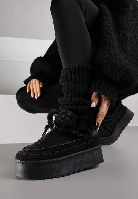 Czarne Śniegowce na Platformie Ozdobione Futerkiem i Przeszyciami Linerva