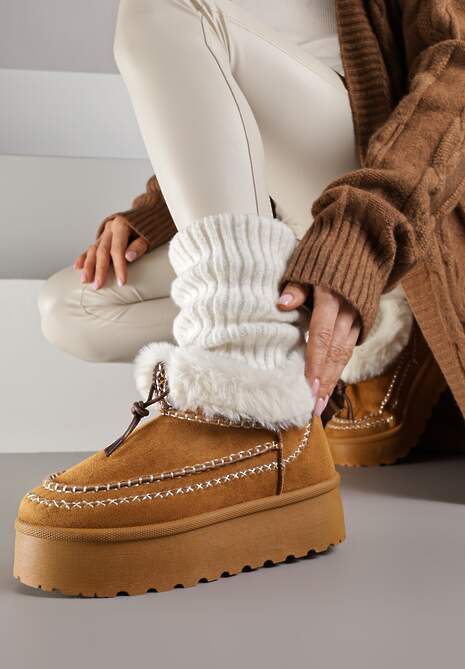 Brązowe Śniegowce na Platformie Ozdobione Futerkiem i Przeszyciami Linerva