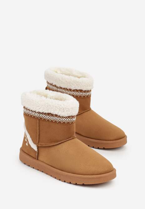 Brązowe Śniegowce o Wsuwanym Fasonie z Haftem i Futrem przy Cholewce Mevinadia 5