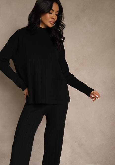 Czarny Komplet Dzianinowy Spodnie o Szerokim Kroju i Sweter Półgolf Datusa 5