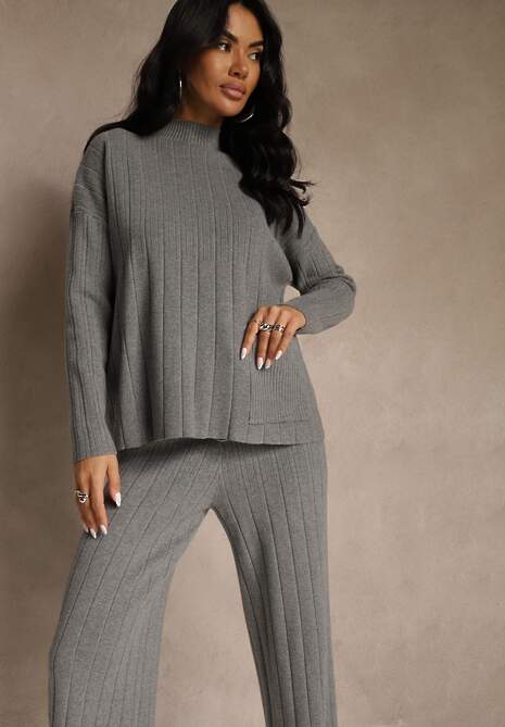 Szary Komplet Dzianinowy Spodnie o Szerokim Kroju i Sweter Półgolf Datusa 5