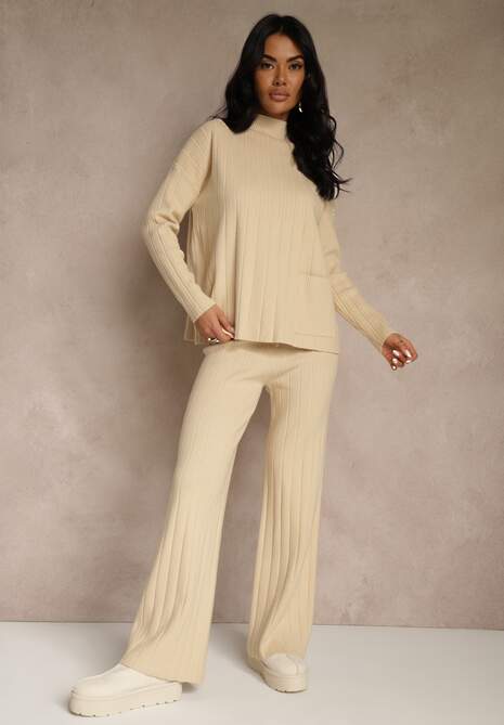 Beżowy Komplet Dzianinowy Spodnie o Szerokim Kroju i Sweter Półgolf Datusa 4