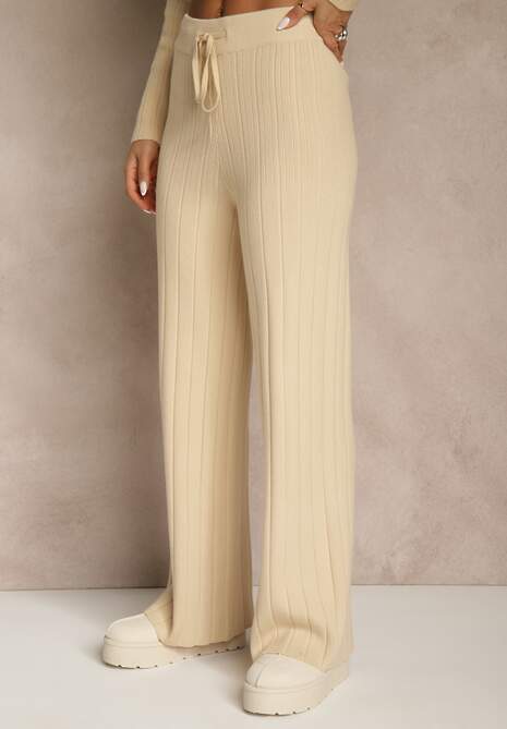 Beżowy Komplet Dzianinowy Spodnie o Szerokim Kroju i Sweter Półgolf Datusa 5