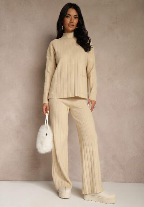 Beżowy Komplet Dzianinowy Spodnie o Szerokim Kroju i Sweter Półgolf Datusa