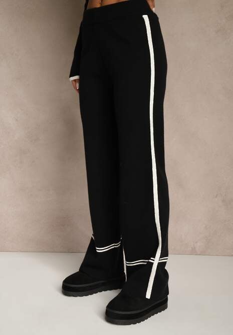 Czarny Komplet Dzianinowy Sweter i Spodnie o Szerokim Kroju Ozdobione Lamówką Wedara 4