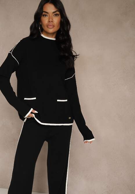 Czarny Komplet Dzianinowy Sweter i Spodnie o Szerokim Kroju Ozdobione Lamówką Wedara 5