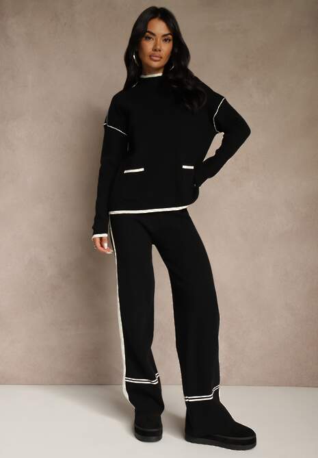 Czarny Komplet Dzianinowy Sweter i Spodnie o Szerokim Kroju Ozdobione Lamówką Wedara