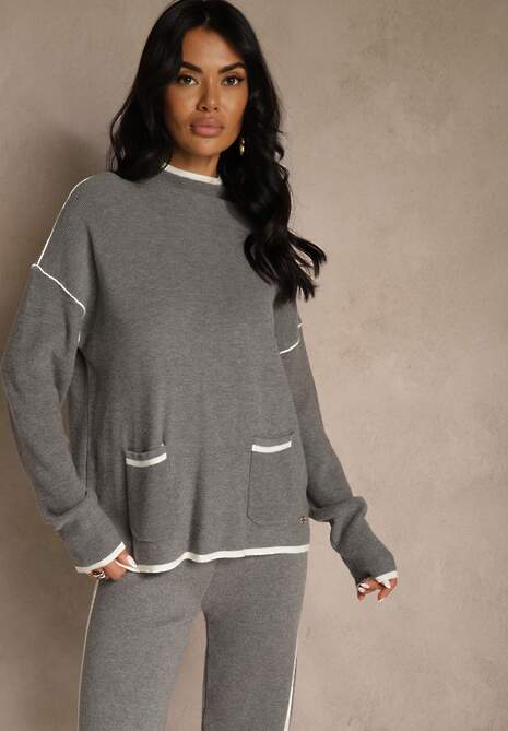 Szary Komplet Dzianinowy Sweter i Spodnie o Szerokim Kroju Ozdobione Lamówką Wedara 5