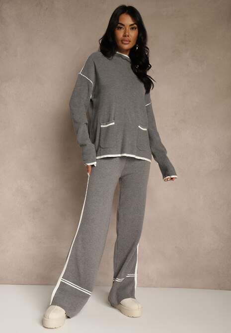 Szary Komplet Dzianinowy Sweter i Spodnie o Szerokim Kroju Ozdobione Lamówką Wedara