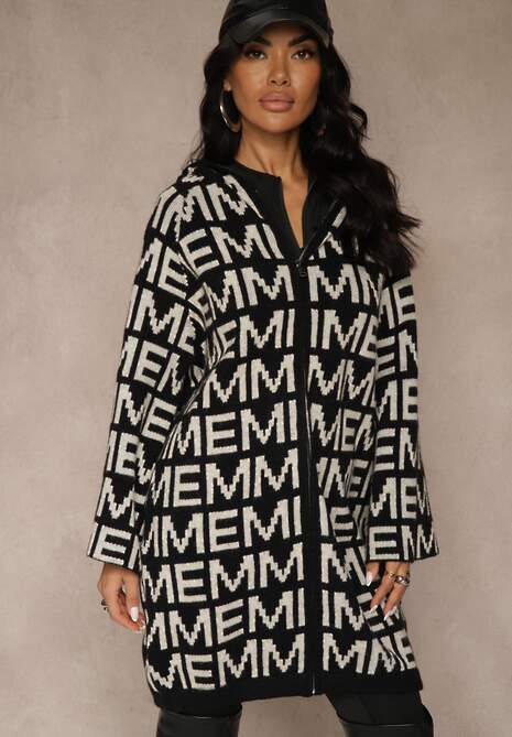 Czarno-Biały Kardigan na Suwak z Kapturem w Literowy Wzór Calitusa 4