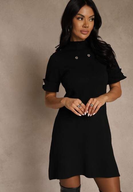 Czarna Sukienka Sweterkowa o Trapezowym Kroju z Perełkami Liatusea 4