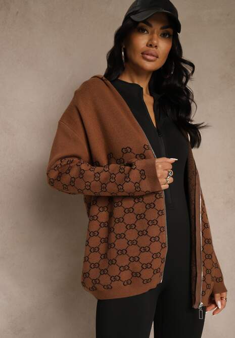 Brązowy Rozpinany Kardigan z Kapturem z Geometrycznym Wzorem Neratusa 4