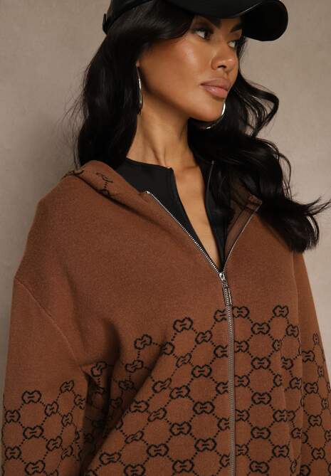 Brązowy Rozpinany Kardigan z Kapturem z Geometrycznym Wzorem Neratusa 5