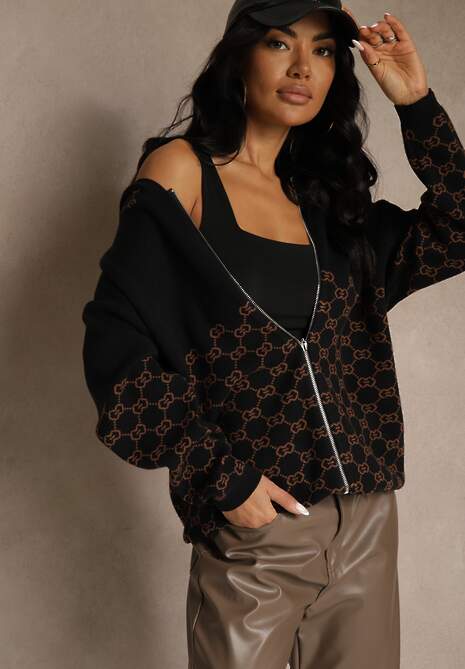 Czarny Rozpinany Kardigan z Kapturem z Geometrycznym Wzorem Neratusa