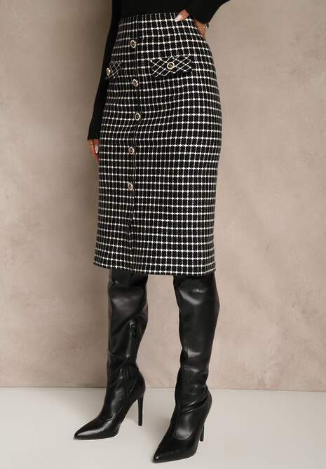 Czarno-Biała Tweedowa Spódnica Ołówkowa w Kratę z Guzikami Aretusa 4