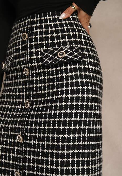 Czarno-Biała Tweedowa Spódnica Ołówkowa w Kratę z Guzikami Aretusa 5
