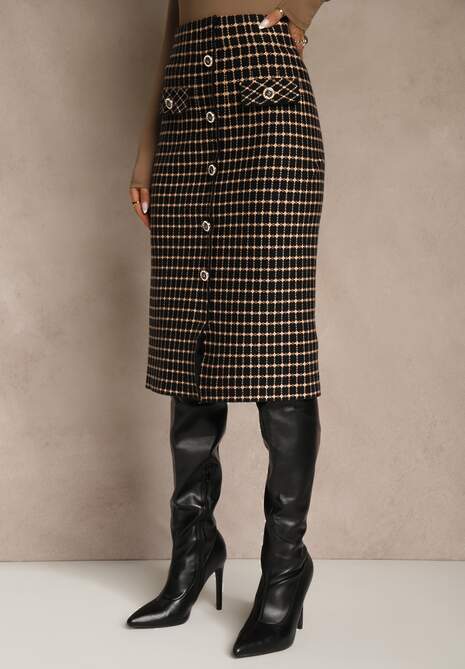 Czarno-Beżowa Tweedowa Spódnica Ołówkowa w Kratę z Guzikami Aretusa 4