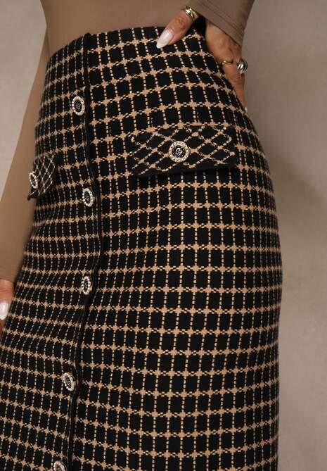 Czarno-Beżowa Tweedowa Spódnica Ołówkowa w Kratę z Guzikami Aretusa 5