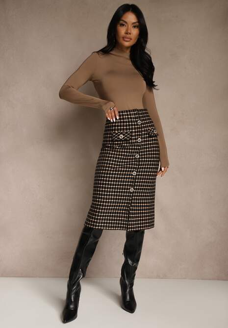 Czarno-Beżowa Tweedowa Spódnica Ołówkowa w Kratę z Guzikami Aretusa