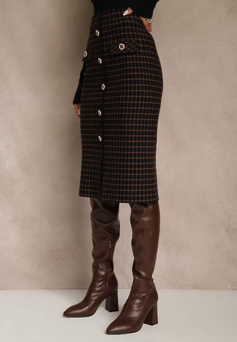 Czarna Tweedowa Spódnica Ołówkowa w Kratę z Guzikami Aretusa 4