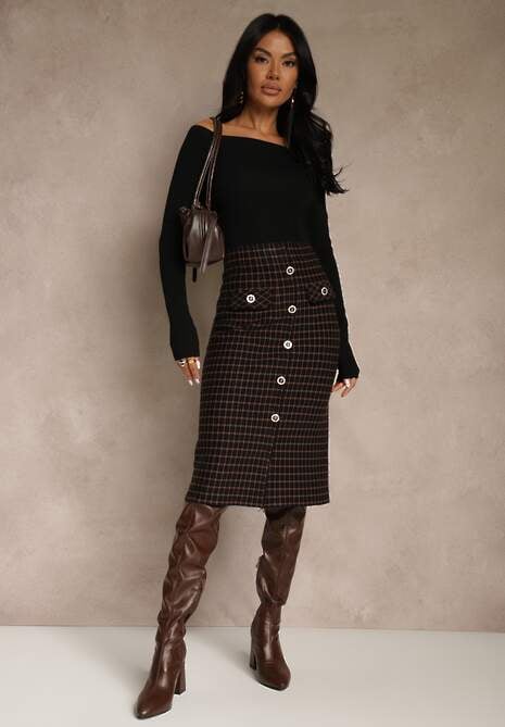 Czarna Tweedowa Spódnica Ołówkowa w Kratę z Guzikami Aretusa