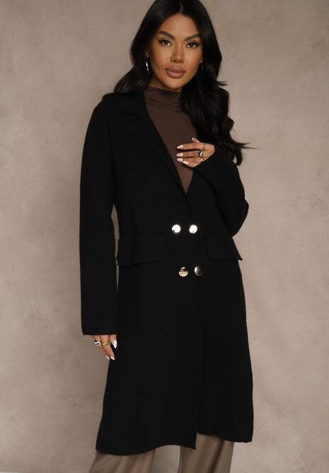 Czarny Płaszcz Dwurzędowy o Długim Kroju w Eleganckim Stylu Saratusa 4