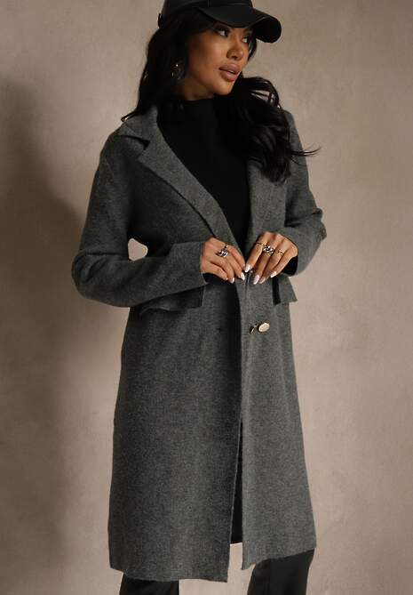 Szary Płaszcz Dwurzędowy o Długim Kroju w Eleganckim Stylu Saratusa 4