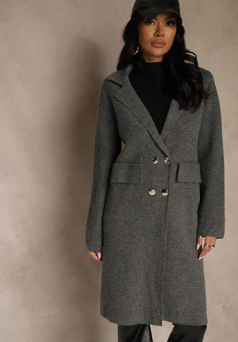 Szary Płaszcz Dwurzędowy o Długim Kroju w Eleganckim Stylu Saratusa