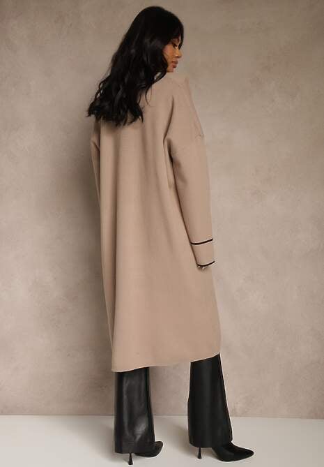 Beżowy Niezapinany Kardigan o Długim Kroju z Lamówką Venisse 4