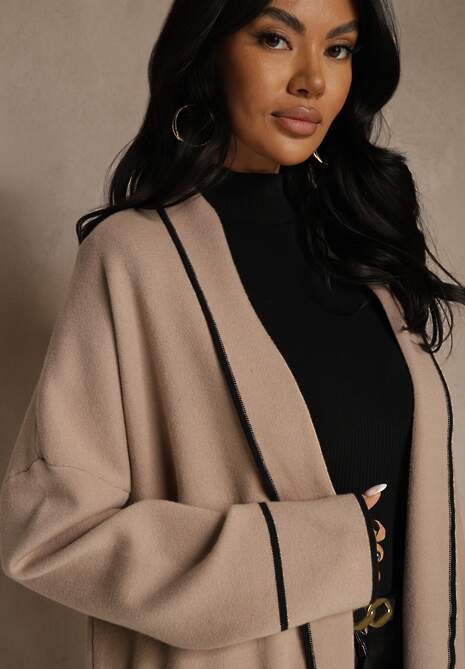 Beżowy Niezapinany Kardigan o Długim Kroju z Lamówką Venisse 5