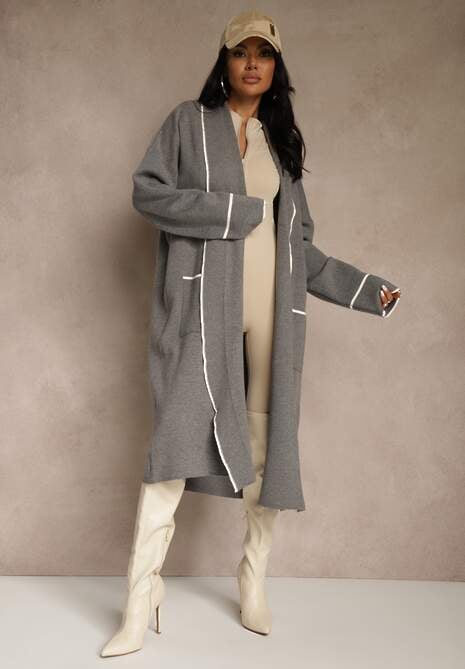 Szary Niezapinany Kardigan o Długim Kroju z Lamówką Venisse 4