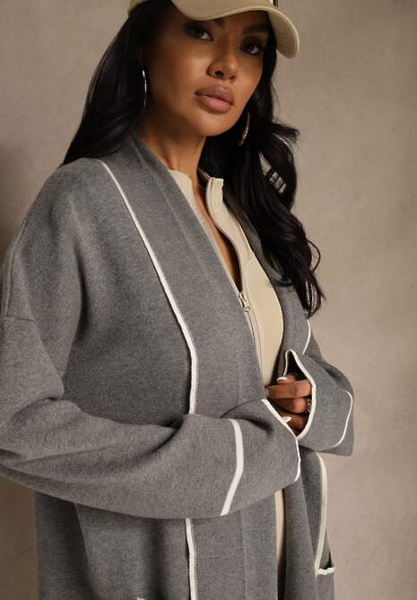 Szary Niezapinany Kardigan o Długim Kroju z Lamówką Venisse 5