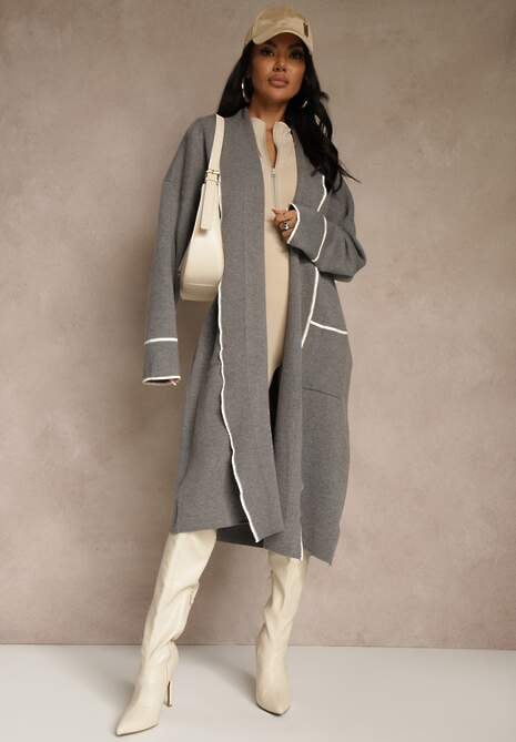 Szary Niezapinany Kardigan o Długim Kroju z Lamówką Venisse