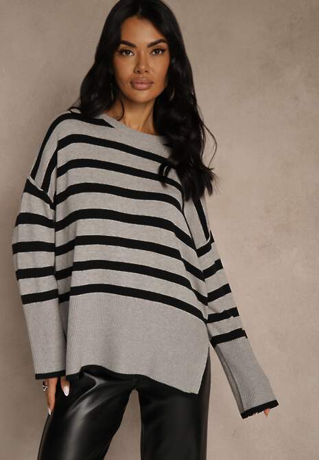 Szaro-Czarny Sweter Oversize w Paski Kalitusa 4