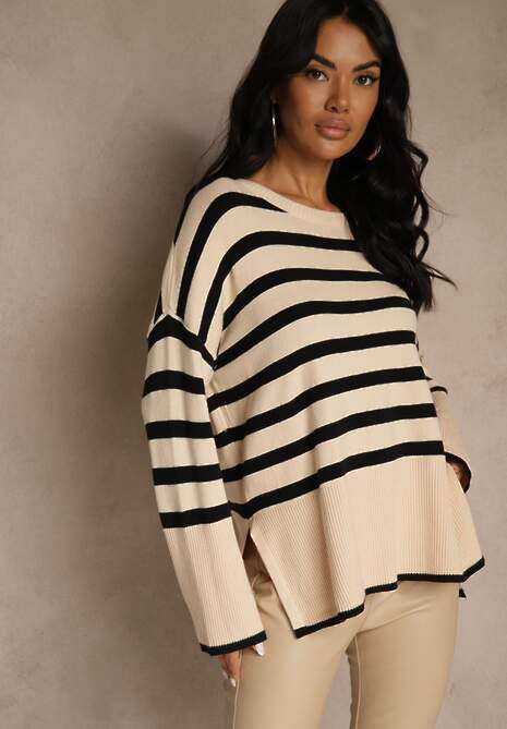 Kremowo-Czarny Sweter Oversize w Paski Kalitusa 4