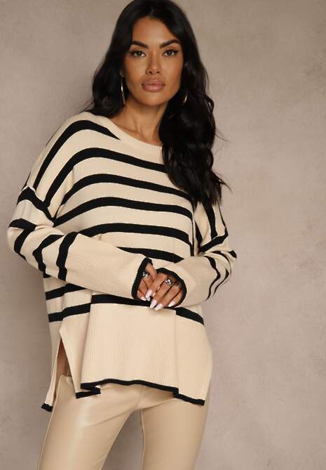 Kremowo-Czarny Sweter Oversize w Paski Kalitusa