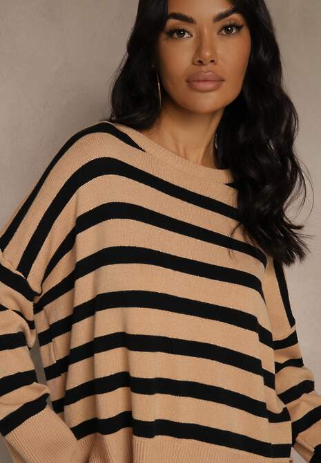 Beżowo-Czarny Sweter Oversize w Paski Kalitusa 5