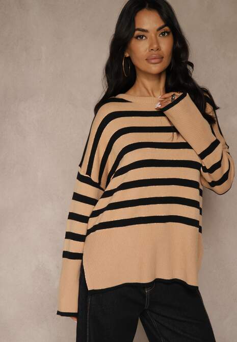 Beżowo-Czarny Sweter Oversize w Paski Kalitusa